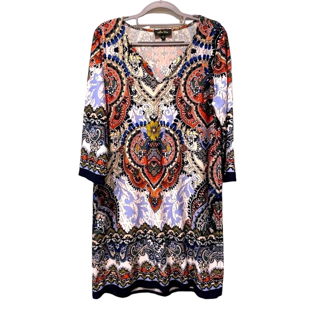 Melissa Paige Tunic Dress Multicolor Paisley Boho V-Neck 3/4 Sleeve Womens Large